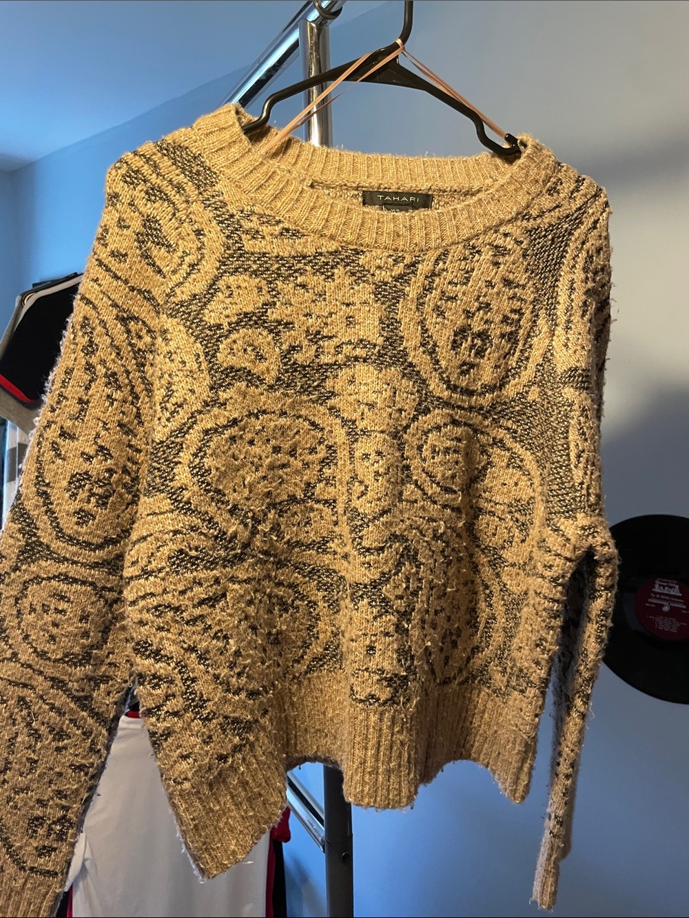 Tahari Neutral Medallion Crewneck Sweater in Beige and Black